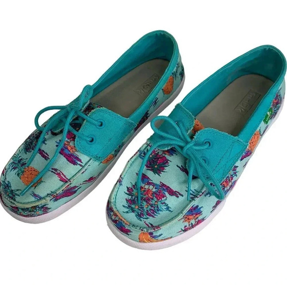 SANUK Canvas Tropical Island Lace Up Boat Flat Shoes Size 5 Aqua Lightweight - Picture 1 of 13